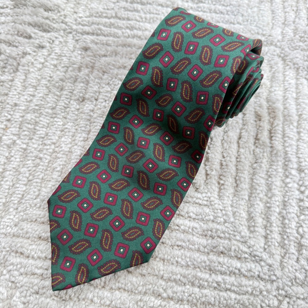 Huntington Silk Tie Green Burgundy Geometric Paisley Preppy Ivy League Vintage